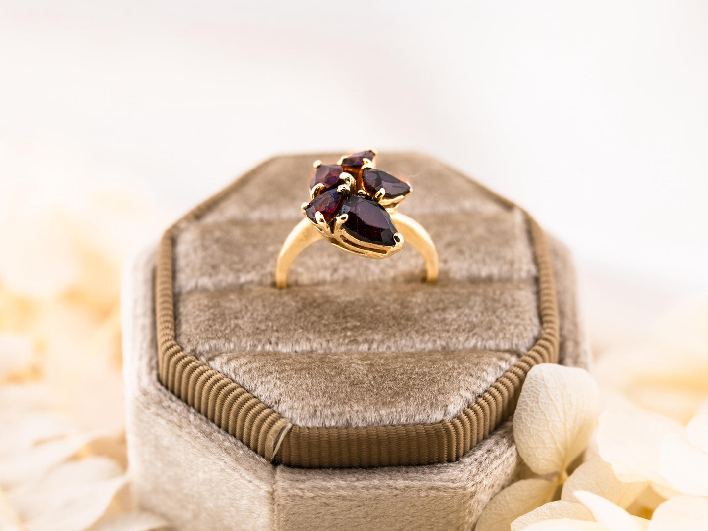 Vintage Garnet Ring Flower Ring 14k Solid Gold Ring January Birthstone ring, size 3.5