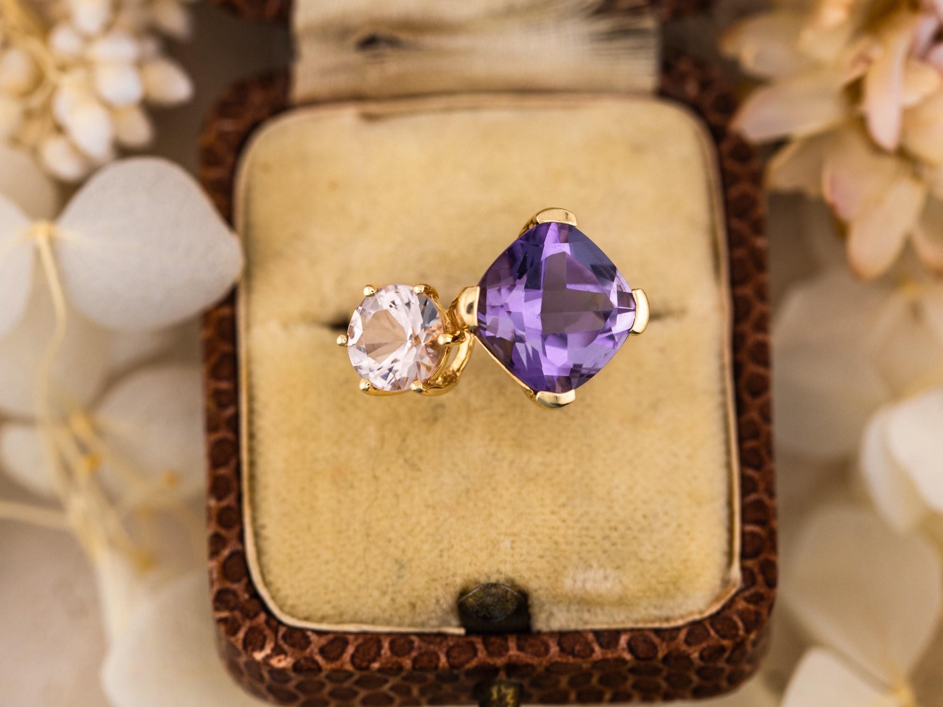 Vintage Toi Et Moi Ring Amethyst And Morganite 14k Solid Gold Antique Ring