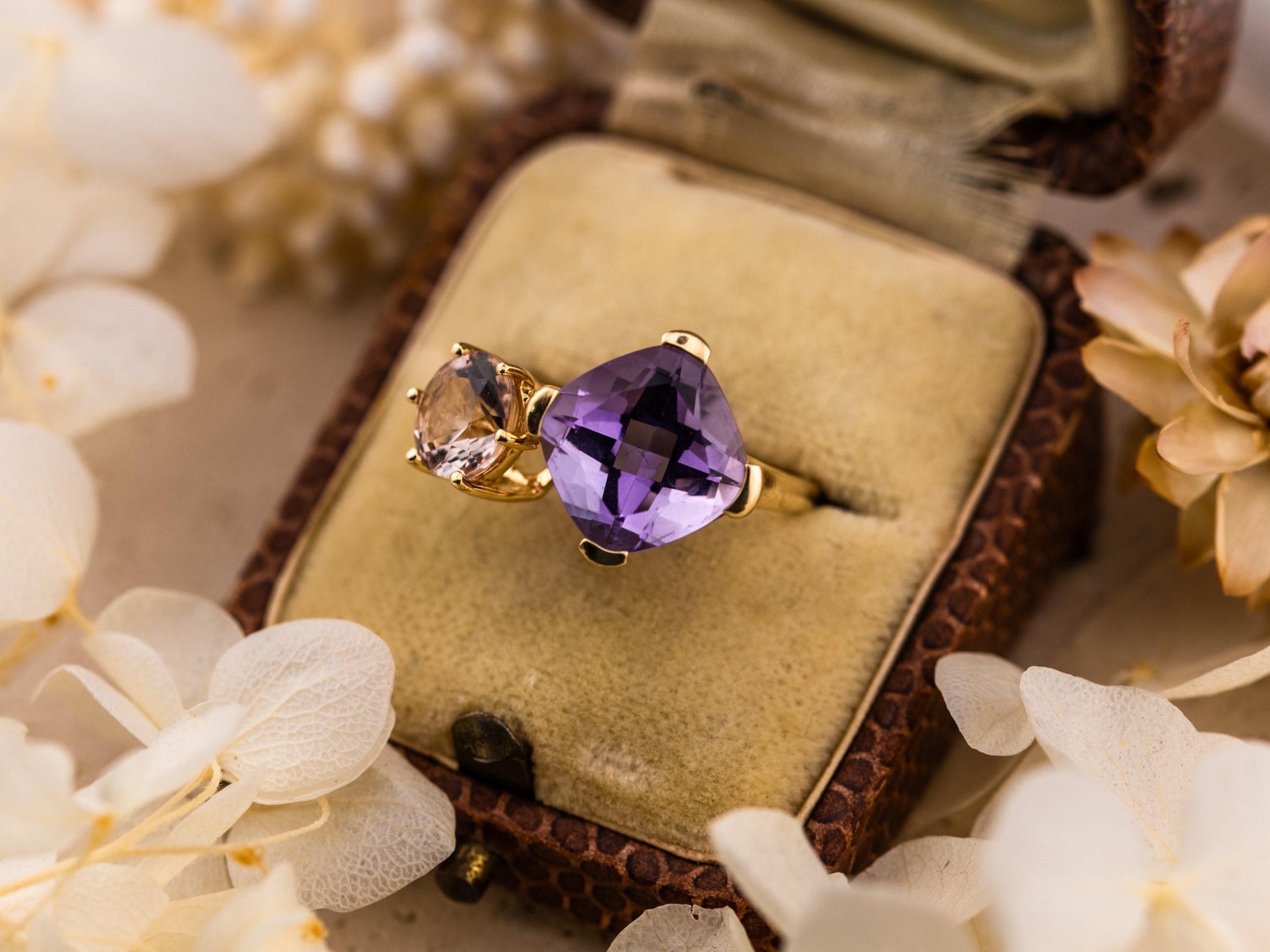 Vintage Toi Et Moi Ring Amethyst And Morganite 14k Solid Gold Antique Ring