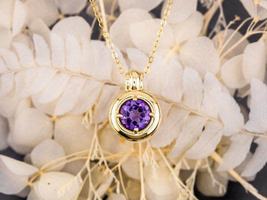 Vintage Amethyst necklace pendant 14k solid gold necklace bezel set chunky statement piece heirloom jewelry