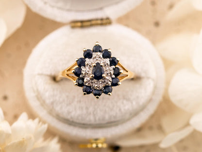 Vintage sapphire and diamond ring 14k solid gold statement or engagement ring floral inspired genuine antique ring vintage ring