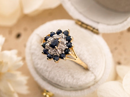 Vintage sapphire and diamond ring 14k solid gold statement or engagement ring floral inspired genuine antique ring vintage ring