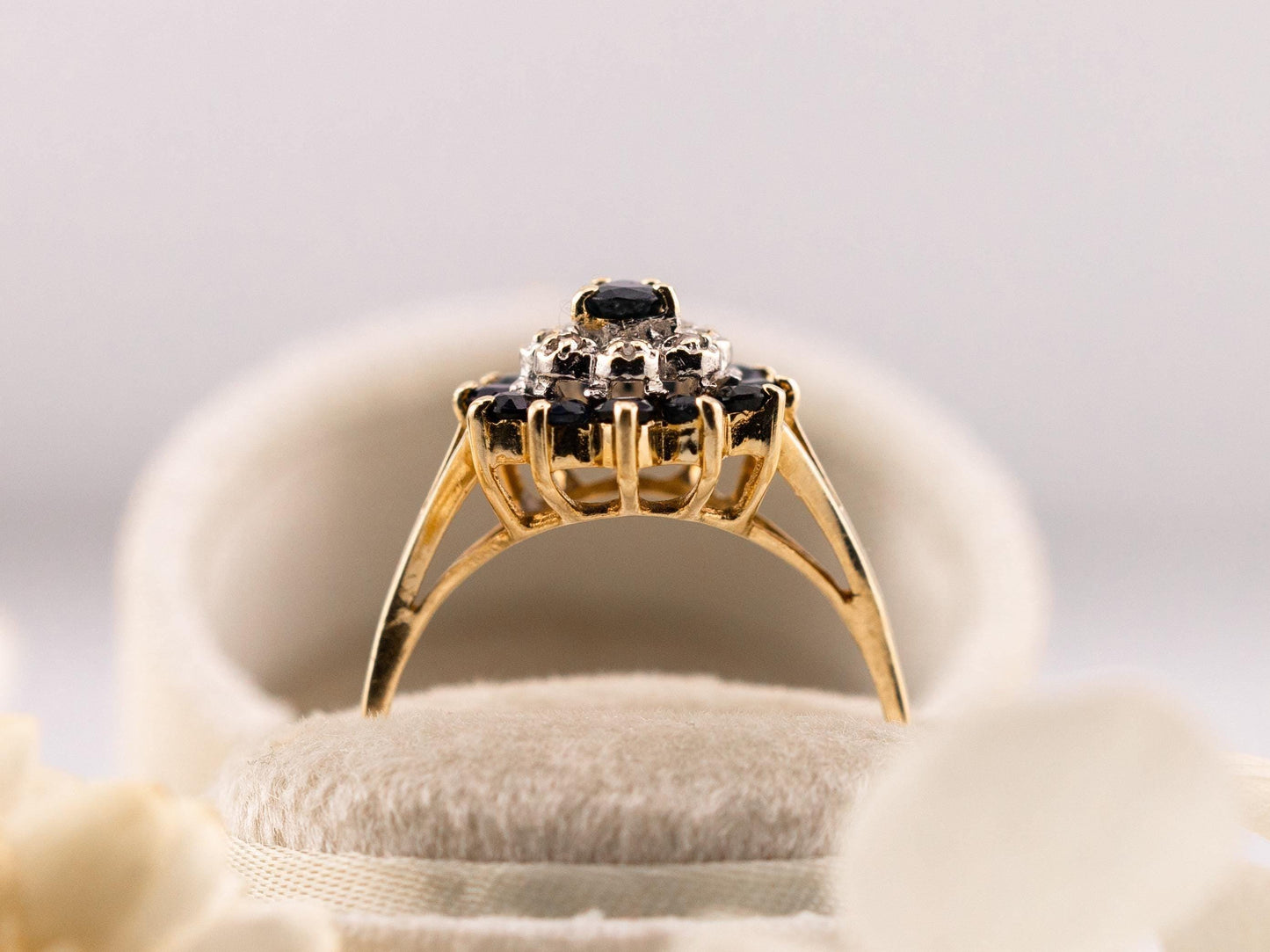 Vintage sapphire and diamond ring 14k solid gold statement or engagement ring floral inspired genuine antique ring vintage ring