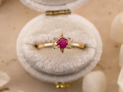 Vintage Ruby and diamond ring 10kt solid gold statement or engagement ring, genuine antique vintage round cut flower ring floral ring