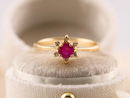 Vintage Ruby and diamond ring 10kt solid gold statement or engagement ring, genuine antique vintage round cut flower ring floral ring