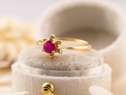 Vintage Ruby and diamond ring 10kt solid gold statement or engagement ring, genuine antique vintage round cut flower ring floral ring