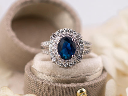 Sapphire and diamond ring solid sterling silver ring engagement or statement ring oval cut 2.45ct lab grown sapphire ring, size 7