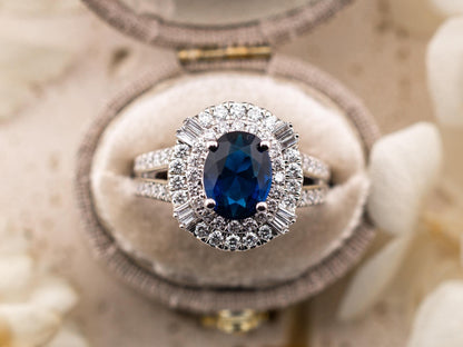 Sapphire and diamond ring solid sterling silver ring engagement or statement ring oval cut 2.45ct lab grown sapphire ring, size 7