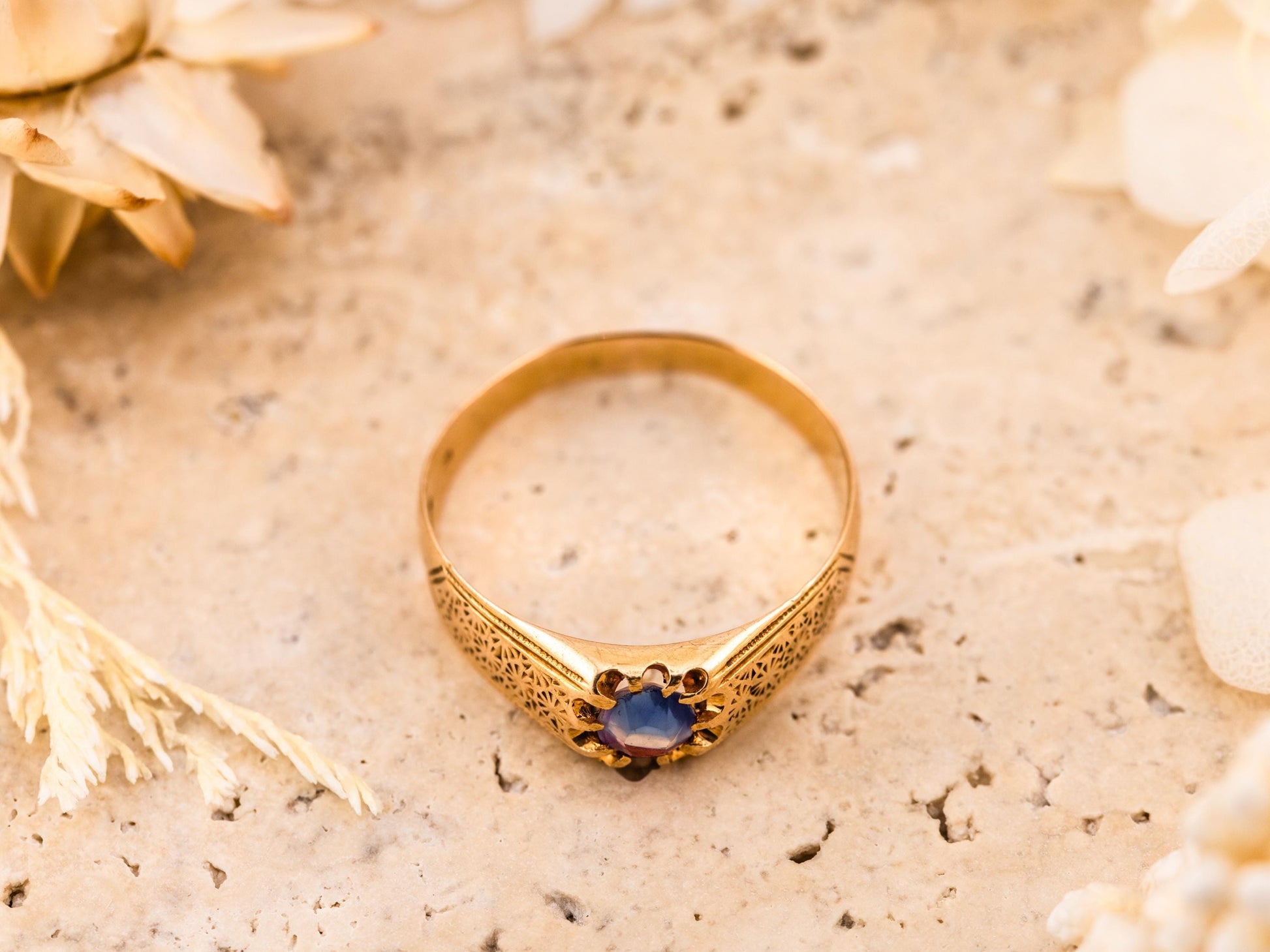 Vintage belcher ring vintage gold ring floral ring 14k solid gold ring, size 9.75