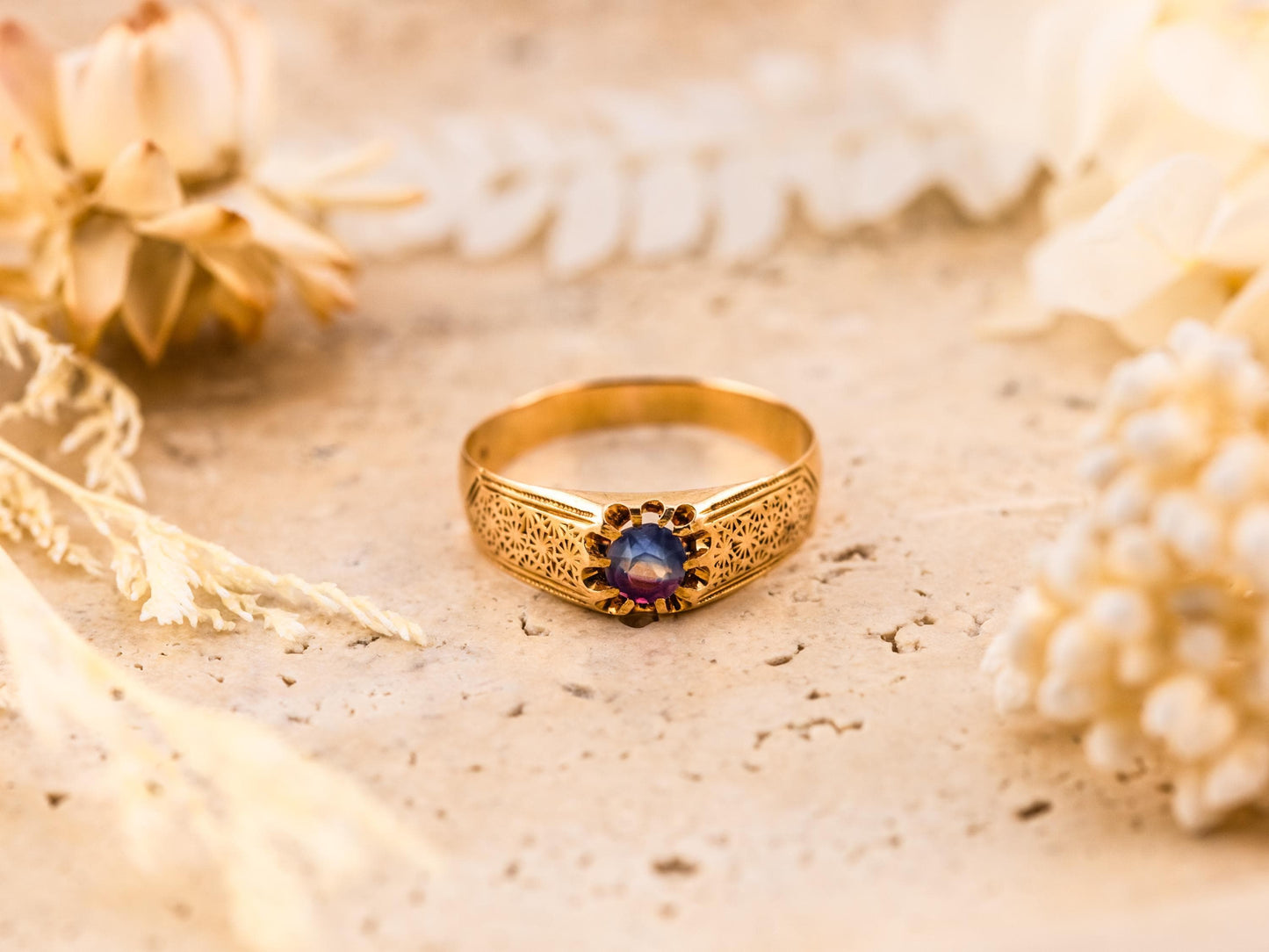 Vintage belcher ring vintage gold ring floral ring 14k solid gold ring, size 9.75