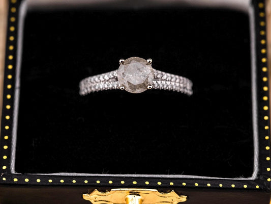 Salt and pepper diamond engagement ring with pave band 14k solid white gold engagement ring round cut 1.59ct natural diamond ring, size 6.5