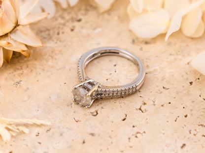 Salt and pepper diamond engagement ring with pave band 14k solid white gold engagement ring round cut 1.59ct natural diamond ring, size 6.5