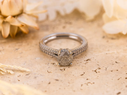 Salt and pepper diamond engagement ring with pave band 14k solid white gold engagement ring round cut 1.59ct natural diamond ring, size 6.5