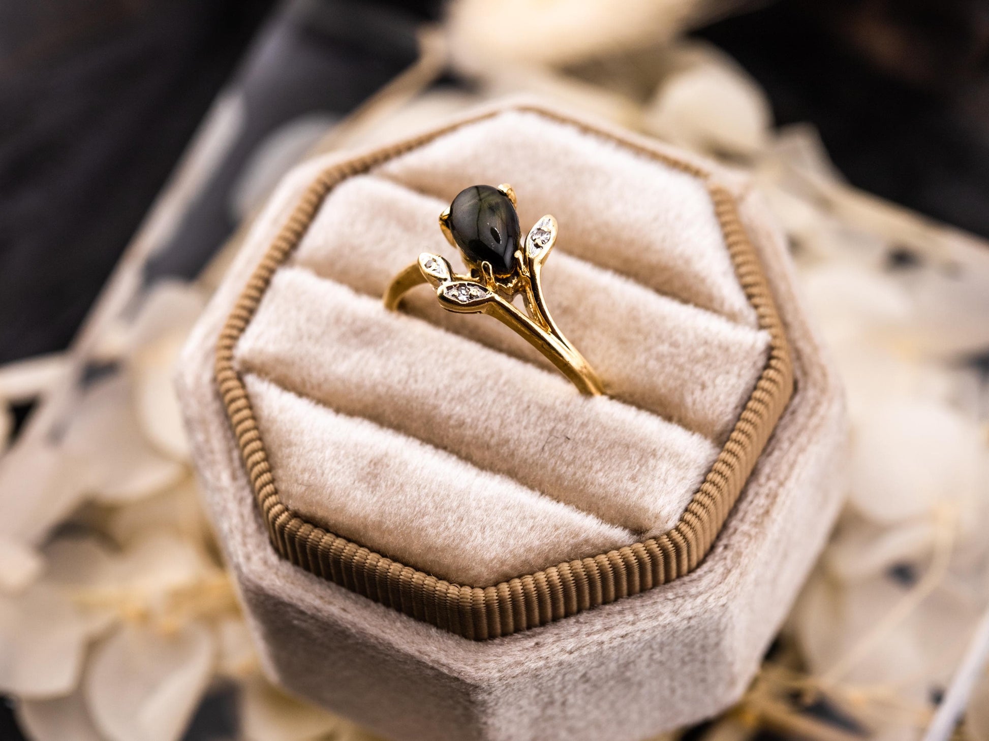Vintage Black Star Sapphire and diamond ring 14k solid yellow gold statement ring floral inspired genuine antique ring vintage ring, size 6