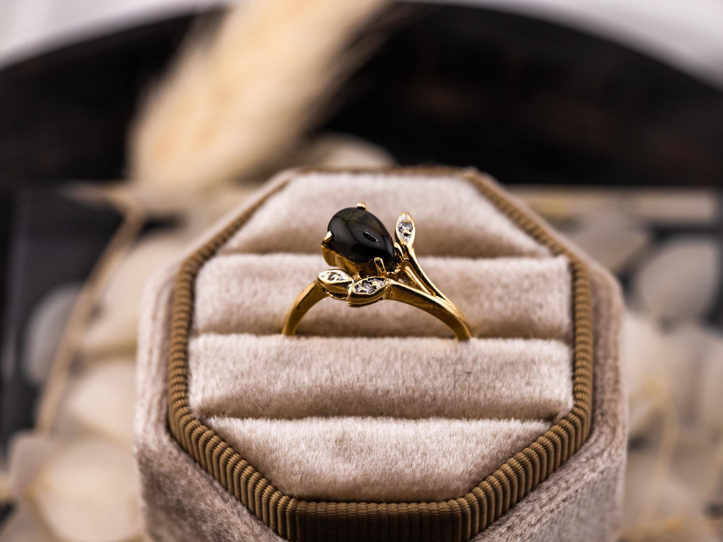 Vintage Black Star Sapphire and diamond ring 14k solid yellow gold statement ring floral inspired genuine antique ring vintage ring, size 6