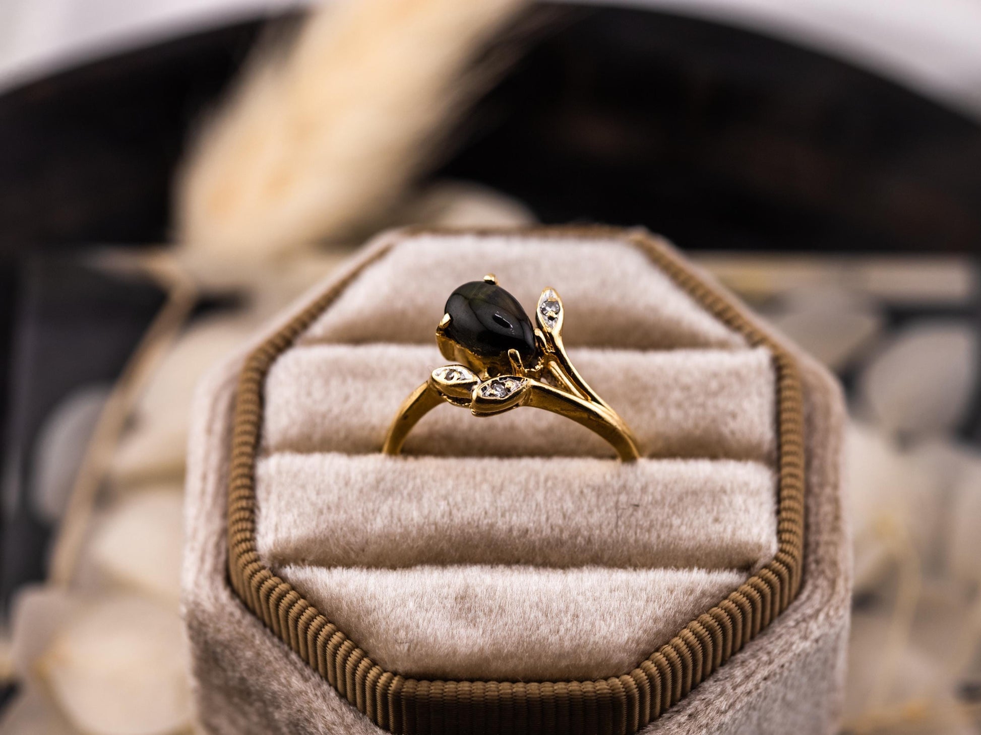 Vintage Black Star Sapphire and diamond ring 14k solid yellow gold statement ring floral inspired genuine antique ring vintage ring, size 6