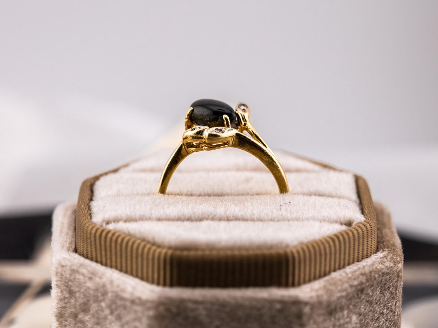Vintage Black Star Sapphire and diamond ring 14k solid yellow gold statement ring floral inspired genuine antique ring vintage ring, size 6