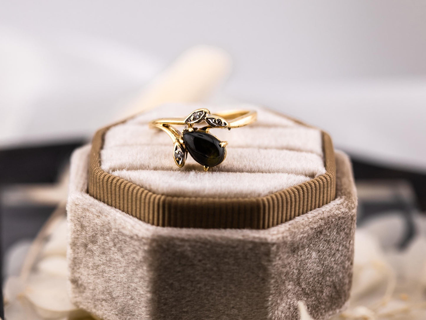 Vintage Black Star Sapphire and diamond ring 14k solid yellow gold statement ring floral inspired genuine antique ring vintage ring, size 6