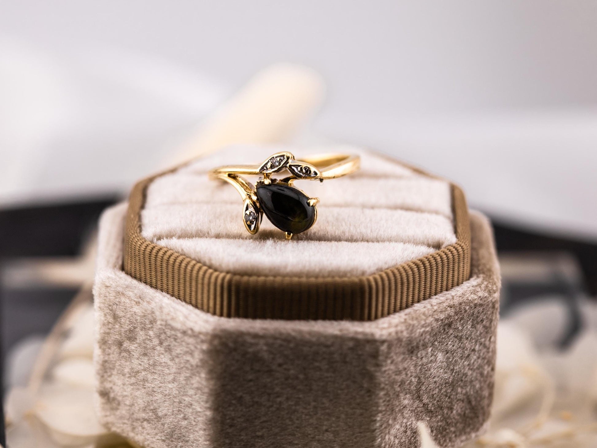 Vintage Black Star Sapphire and diamond ring 14k solid yellow gold statement ring floral inspired genuine antique ring vintage ring, size 6