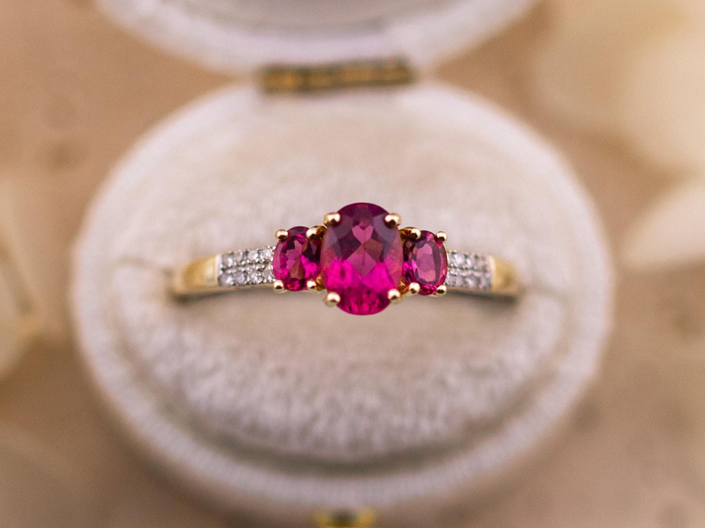 Vintage 14k Gold Rubellite and Diamond Three Stone Ring, Size 9
