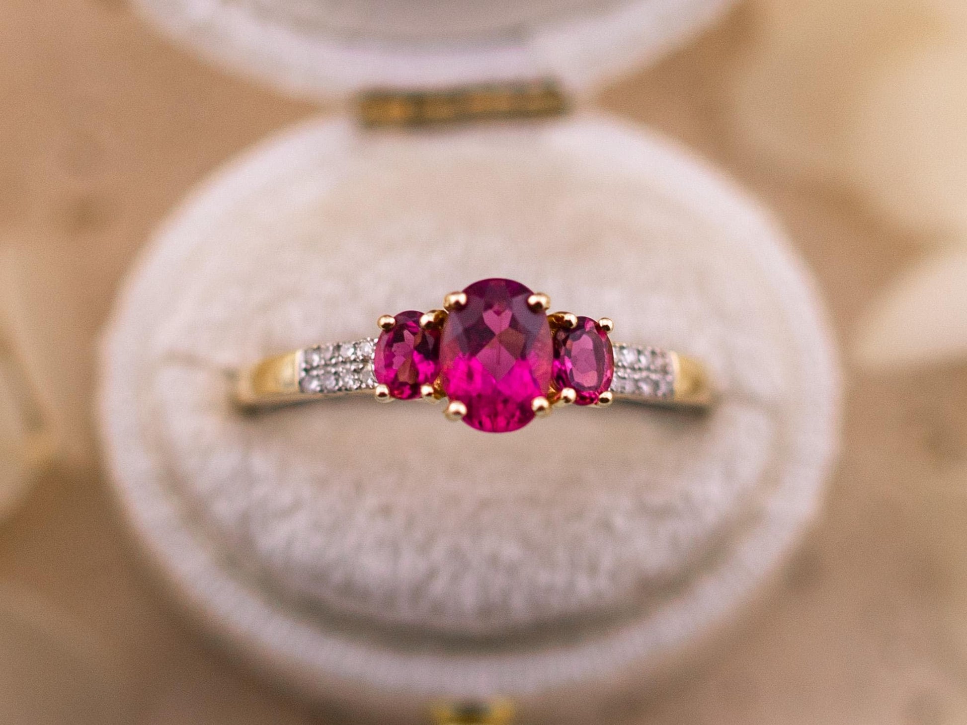 Vintage 14k Gold Rubellite and Diamond Three Stone Ring, Size 9