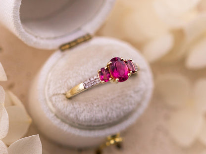 Vintage 14k Gold Rubellite and Diamond Three Stone Ring, Size 9