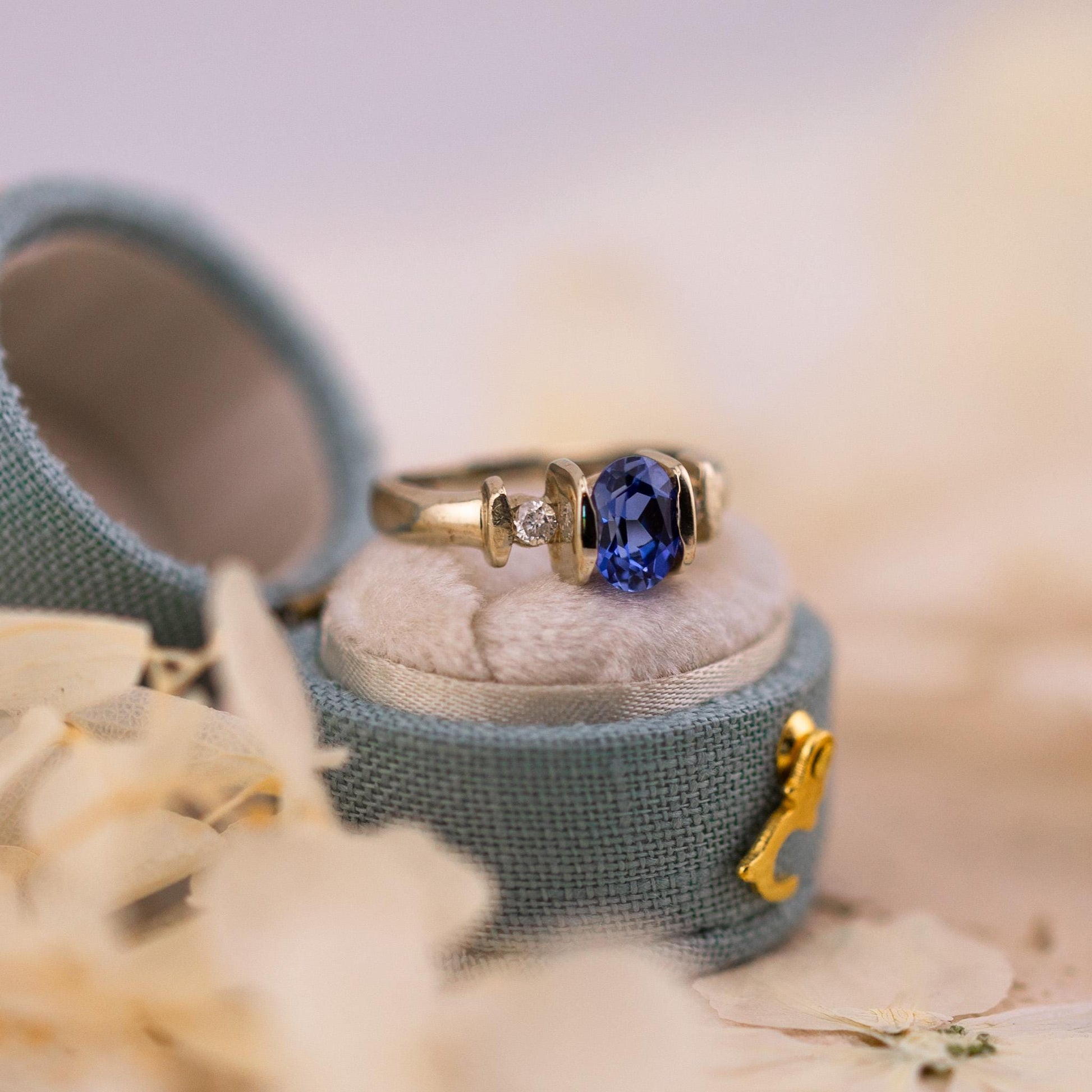 Sapphire and diamond ring three stone ring 9k solid white gold ring with lab grown ethical sapphire and natural diamonds, size 4.75