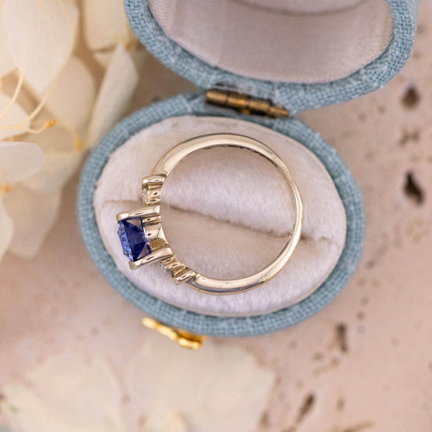 Sapphire and diamond ring three stone ring 9k solid white gold ring with lab grown ethical sapphire and natural diamonds, size 4.75