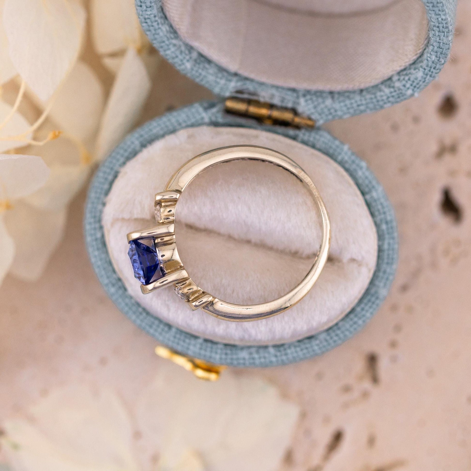 Sapphire and diamond ring three stone ring 9k solid white gold ring with lab grown ethical sapphire and natural diamonds, size 4.75