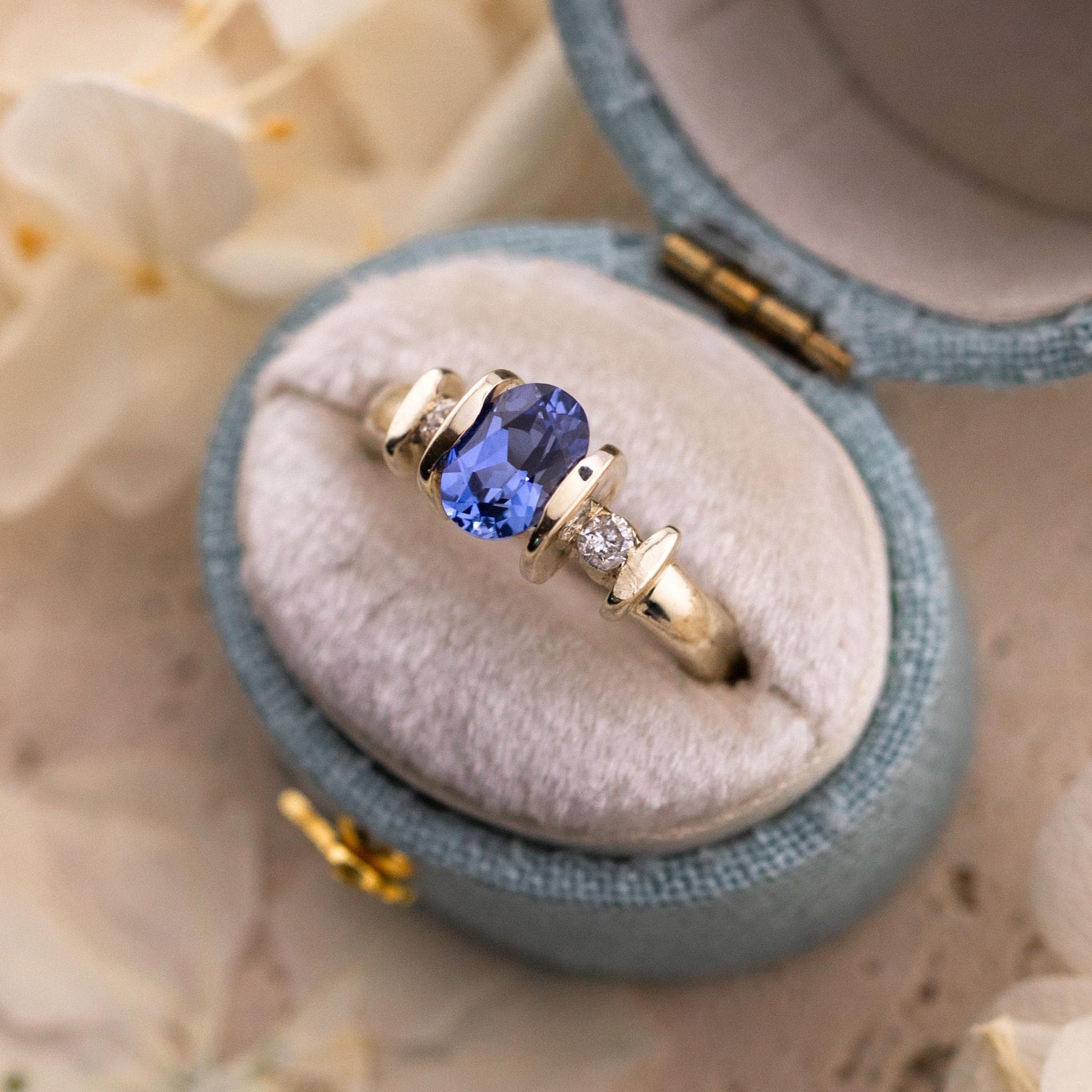 Sapphire and diamond ring three stone ring 9k solid white gold ring with lab grown ethical sapphire and natural diamonds, size 4.75