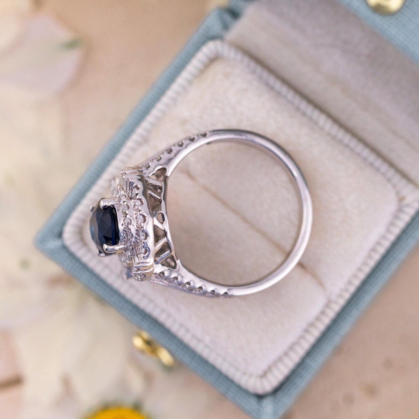 Vintage Oval Cut Sapphire Ring, Sterling Silver Diamond Halo, Size 7