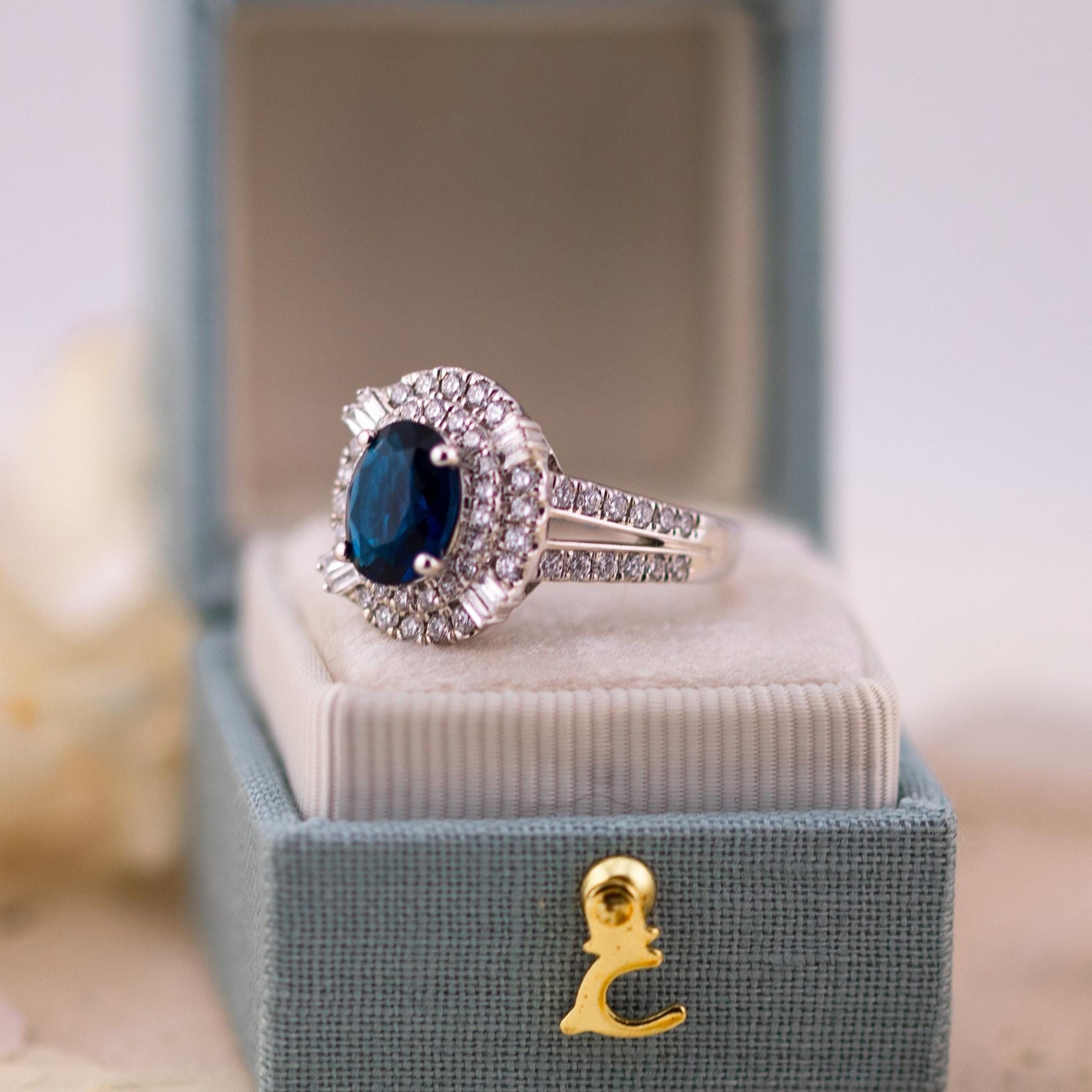 Vintage Oval Cut Sapphire Ring, Sterling Silver Diamond Halo, Size 7