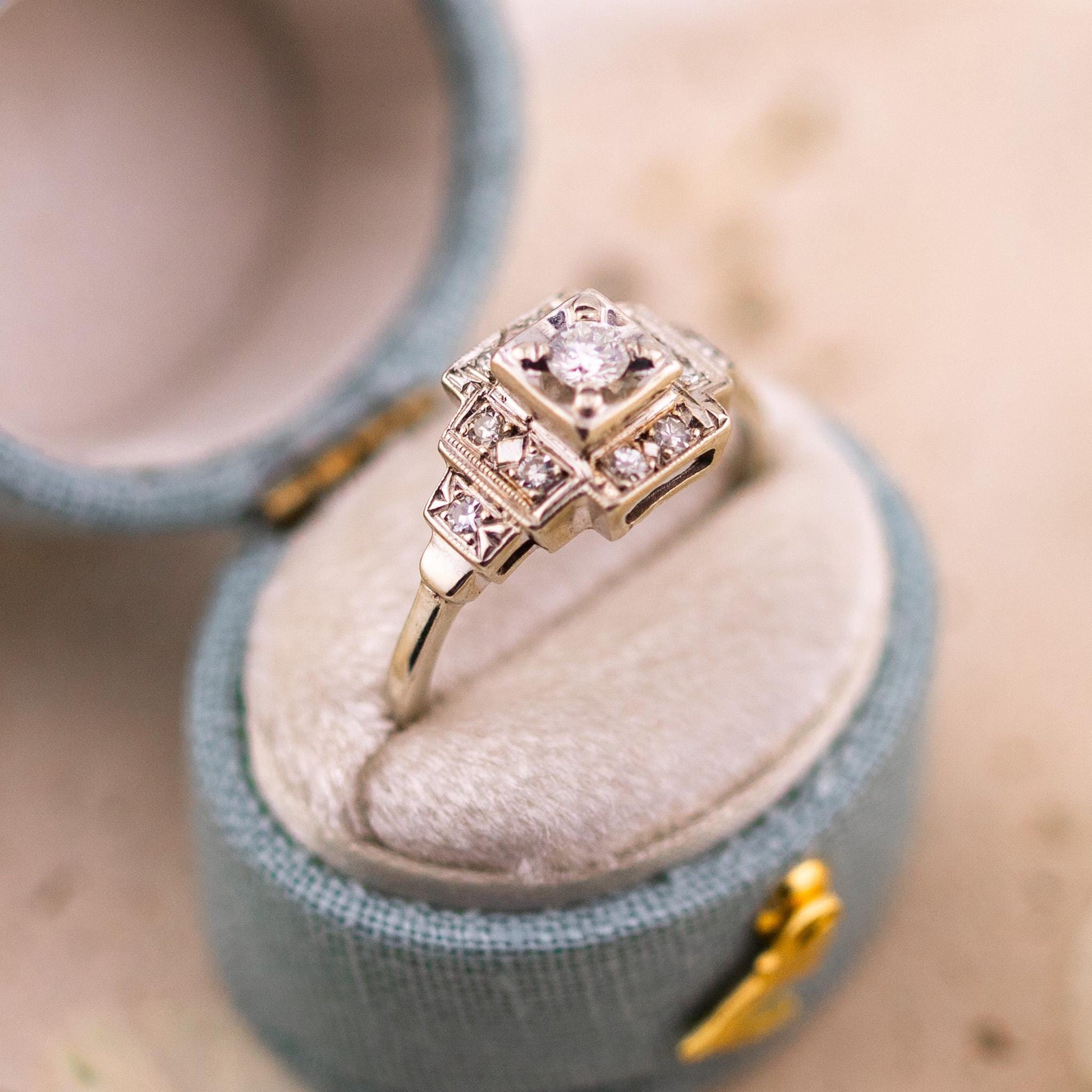 Vintage Art Deco Diamond Engagement Ring, 14k White Gold, Size 8.75