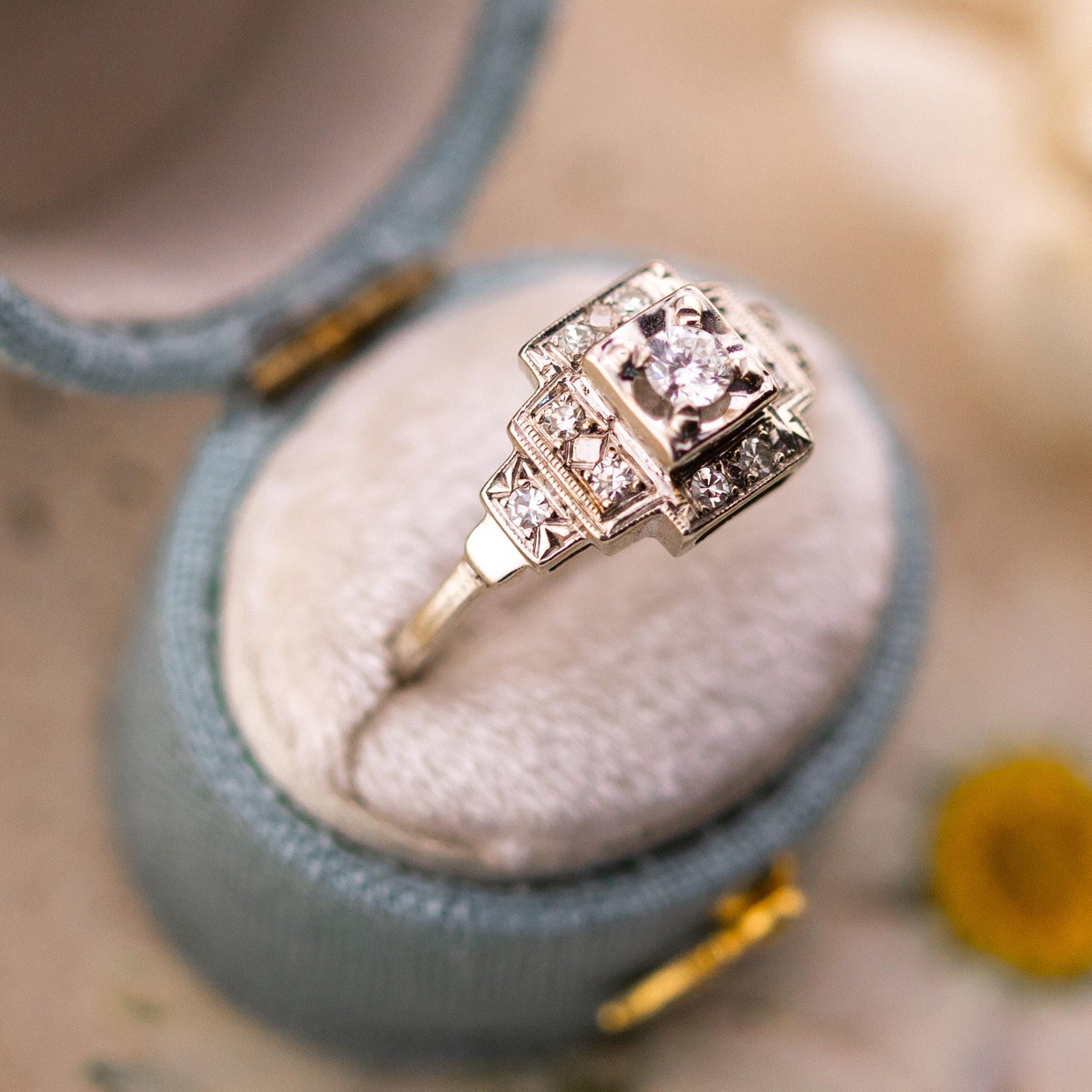 Vintage Art Deco Diamond Engagement Ring, 14k White Gold, Size 8.75