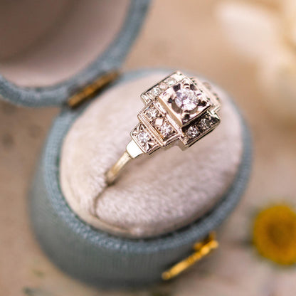 Vintage Art Deco Diamond Engagement Ring, 14k White Gold, Size 8.75