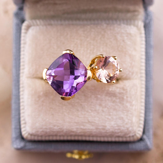Vintage Toi Et Moi Ring Amethyst And Morganite 14k Solid Gold Antique Ring