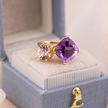 Vintage Toi Et Moi Ring Amethyst And Morganite 14k Solid Gold Antique Ring