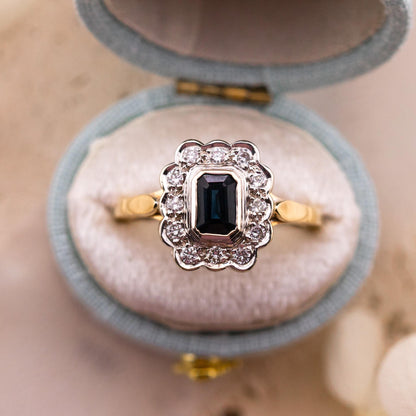 Vintage sapphire and diamond halo ring 14k solid gold, size 7.25