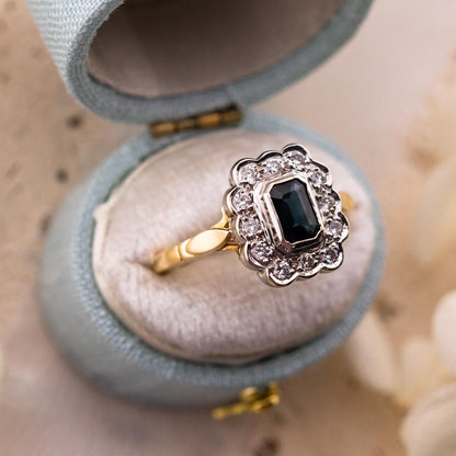 Vintage sapphire and diamond halo ring 14k solid gold, size 7.25