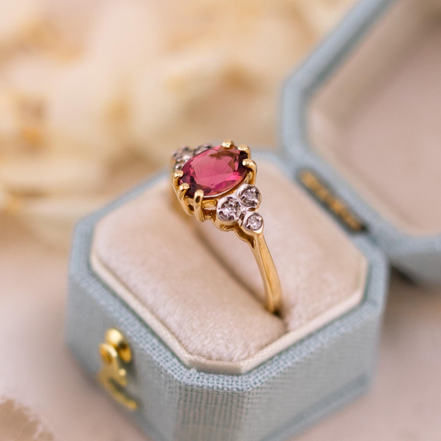 Vintage Rhodolite Garnet Ring: Art Deco 10k Yellow Gold with Diamond Accents, Size 6.25