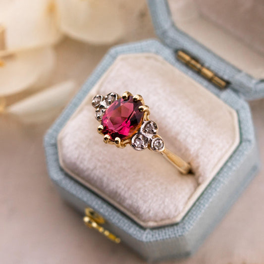 Vintage Rhodolite Garnet Ring: Art Deco 10k Yellow Gold with Diamond Accents, Size 6.25