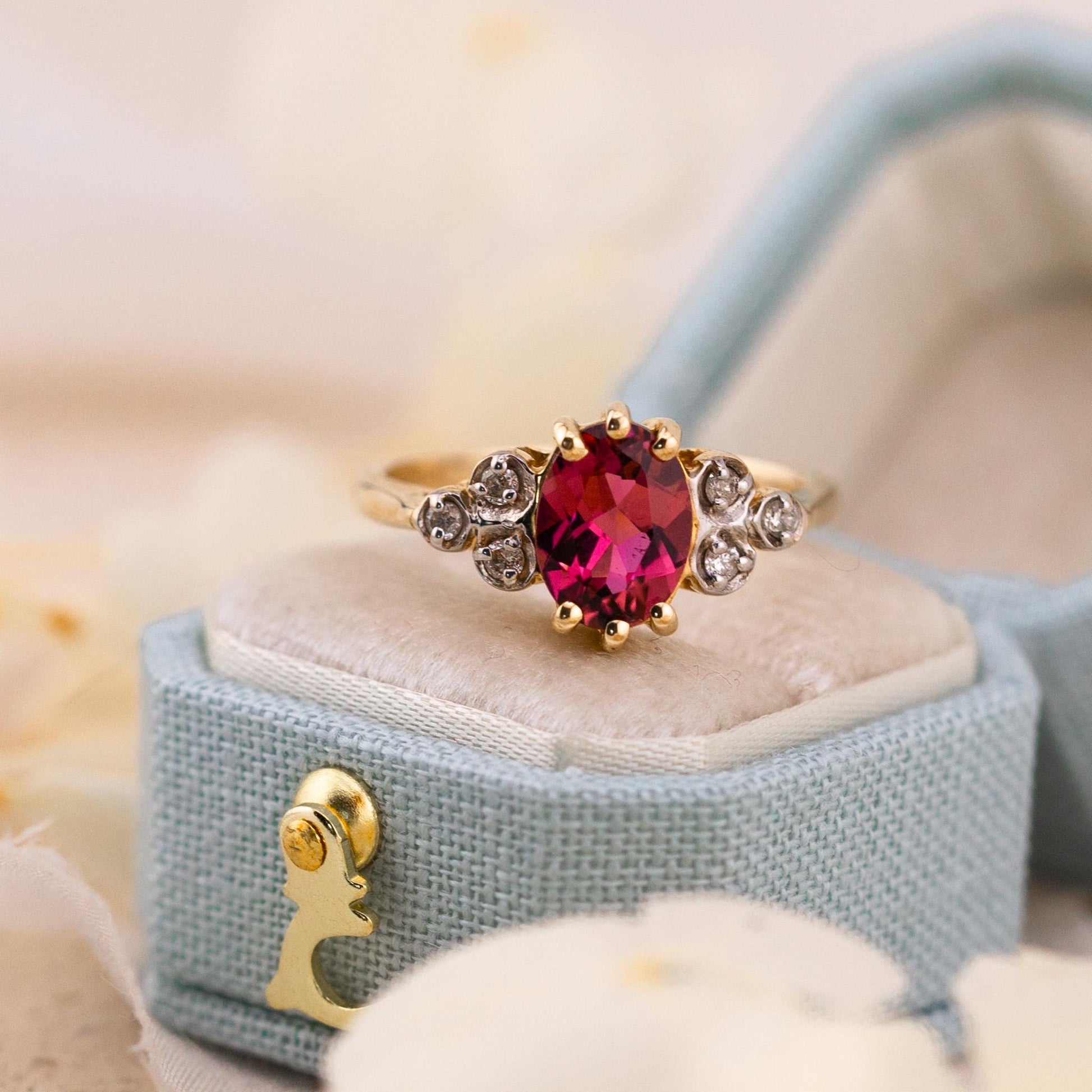 Vintage Rhodolite Garnet Ring: Art Deco 10k Yellow Gold with Diamond Accents, Size 6.25