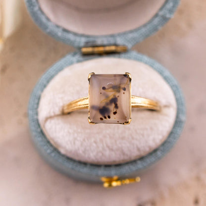 Vintage moss agate ring Edwardian solid yellow gold solitaire size 9