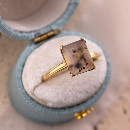 Vintage moss agate ring Edwardian solid yellow gold solitaire size 9