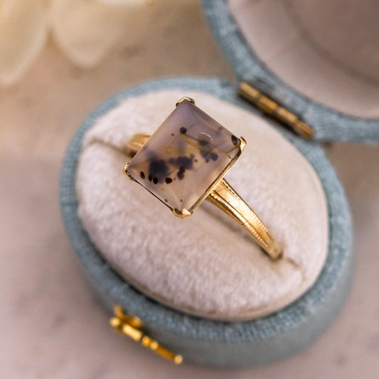 Vintage moss agate ring Edwardian solid yellow gold solitaire size 9