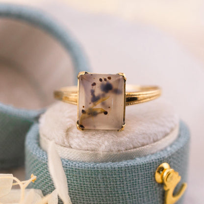 Vintage moss agate ring Edwardian solid yellow gold solitaire size 9