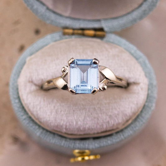 Vintage Emerald Cut Blue Topaz Ring, 10k White Gold Bypass Ring