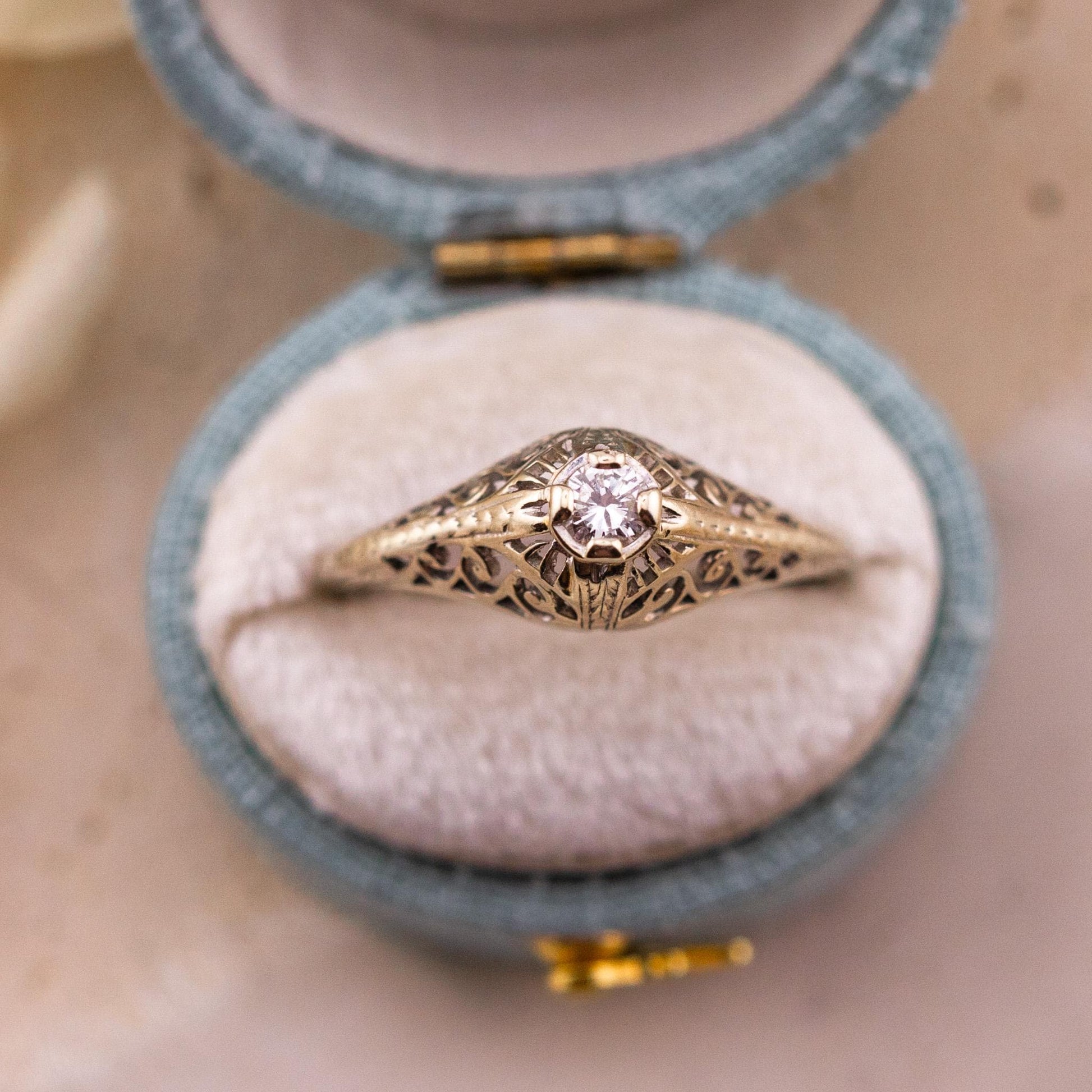Vintage 14k Gold Diamond Engagement Ring, 1920s Art Deco Filigree