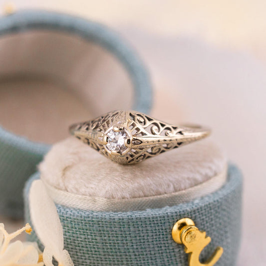 Vintage 14k Gold Diamond Engagement Ring, 1920s Art Deco Filigree