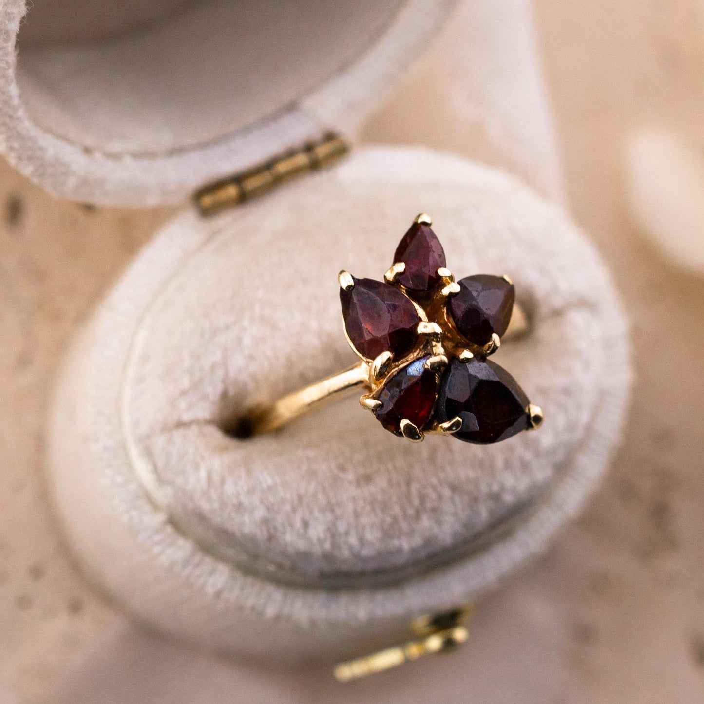 Vintage Garnet Flower Ring, 14k Solid Gold, January Birthstone, Size 3.5